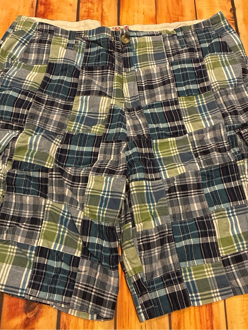 Plugg Men's Patchwork Plaid Cargo Shorts - Green & Blue
